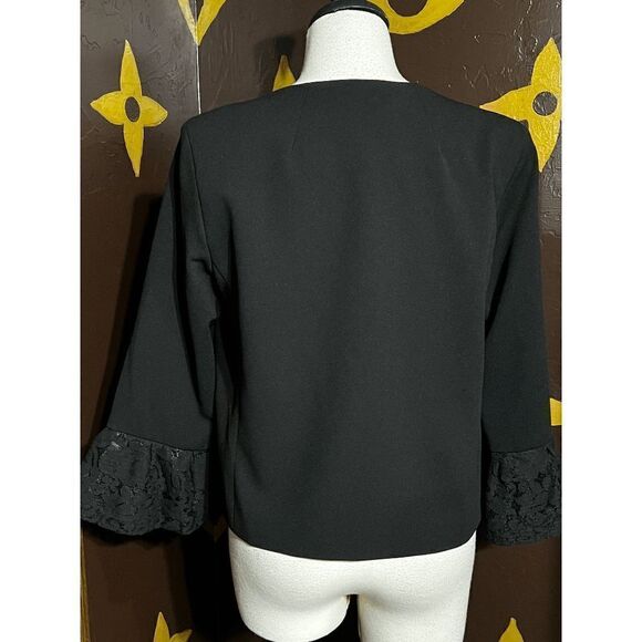 Anne Klein Size Small Black Cropped Jacket, Fluted Lace Sleeves - Picture 2 of 4
